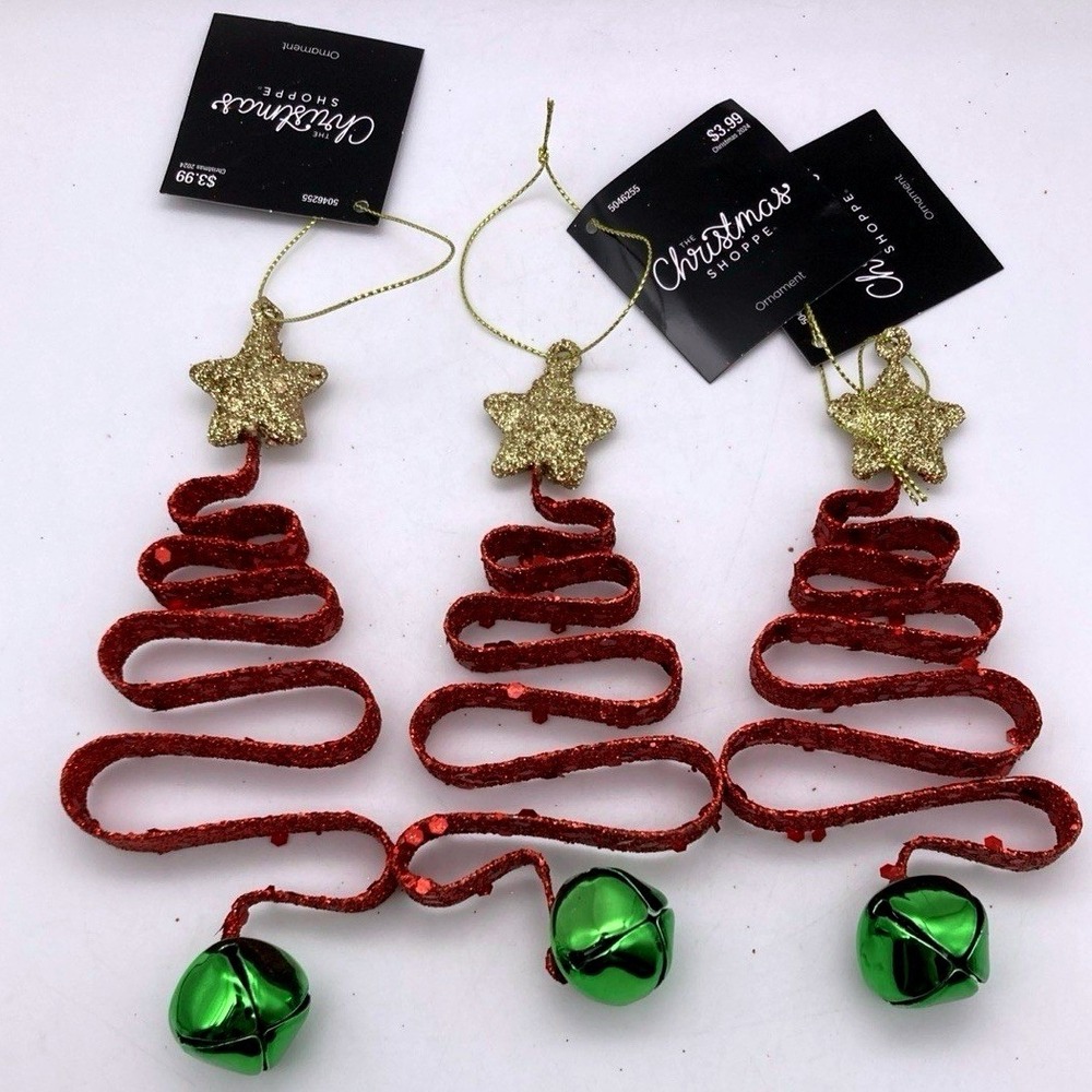 Set Of 3 Hobby Lobby Red Metal Ribbon Christmas Tree Ornaments Glitter Bell